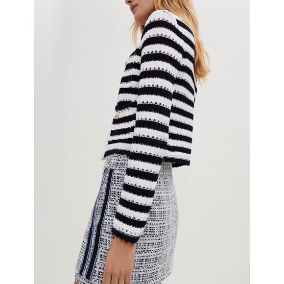 Maje Striped Crochet-Effect Cardigan Navy Ecru - Picture 3 of 16